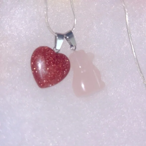 Boho Hippie Rose Quartz Crystal Dog and Goldstone Heart Silver 16” Necklace - Picture 6 of 6